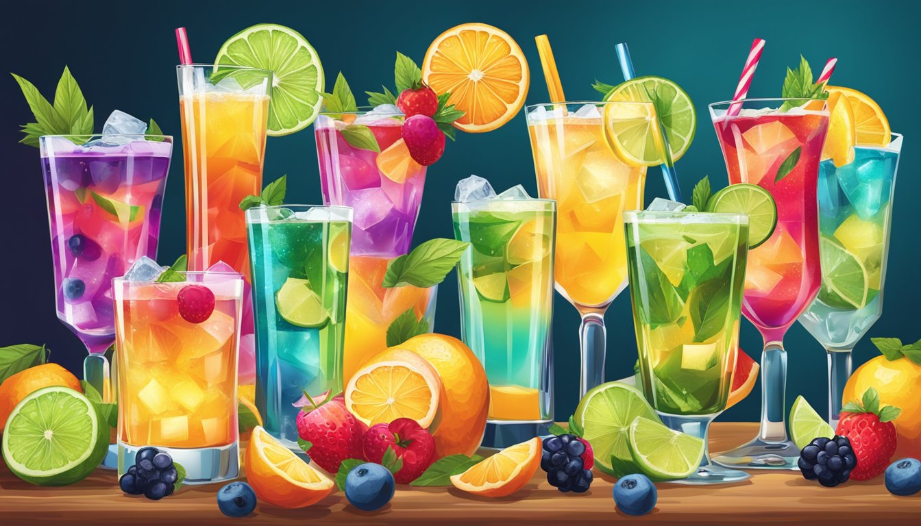 A colorful array of cocktail glasses, each filled with a unique tequila-based drink, surrounded by fresh fruit and vibrant garnishes