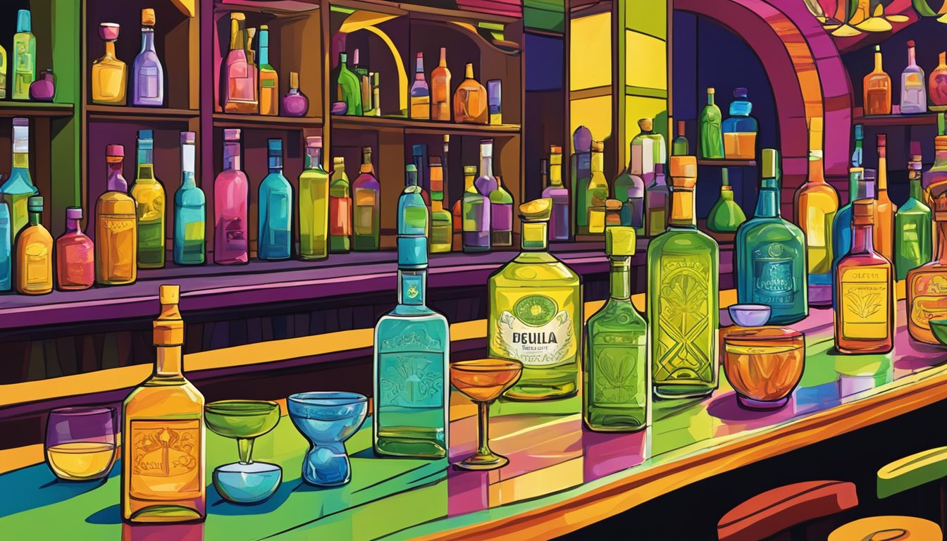 A vibrant bar scene with tequila and chartreuse bottles, colorful cocktail glasses, and culturally inspired decor