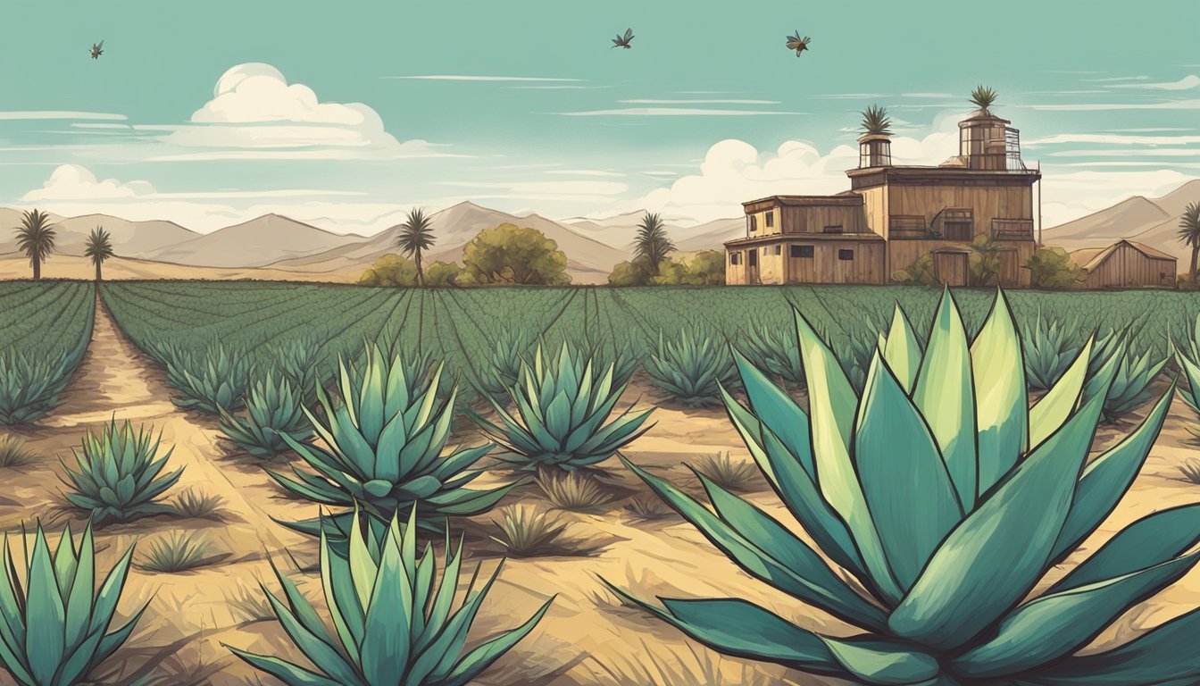 A rustic agave field with a bee collecting nectar, while a distillery in the background produces tequila