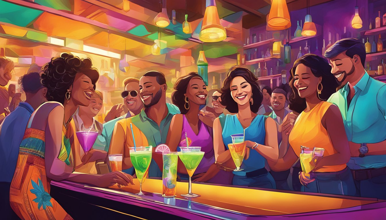 A vibrant bar scene with colorful cocktails and lively music, capturing the cultural impact of the tequila last word