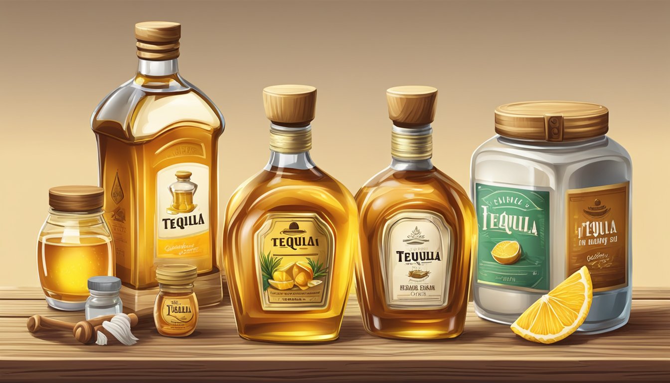 A bottle of tequila and a variety of honey jars arranged on a wooden table