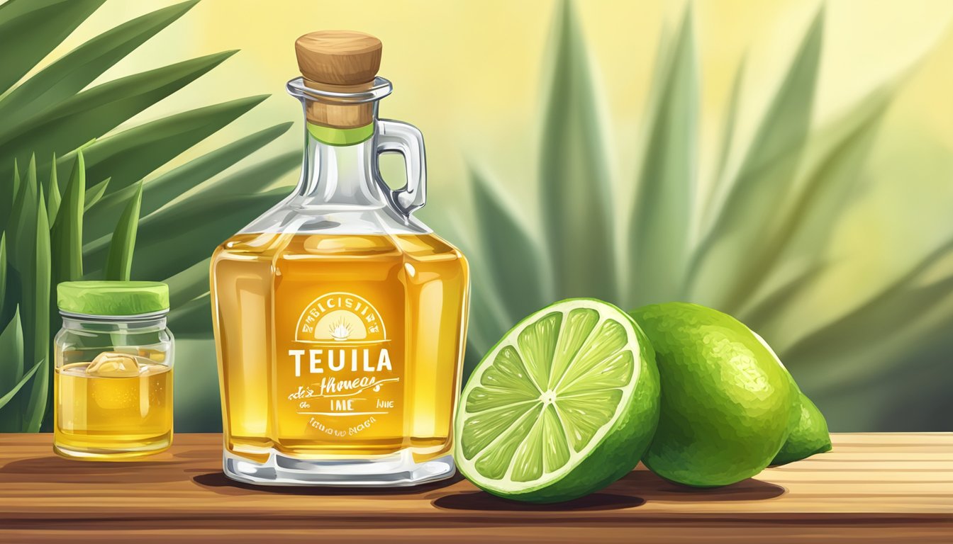 A bottle of tequila next to a jar of honey, surrounded by fresh lime and agave nectar