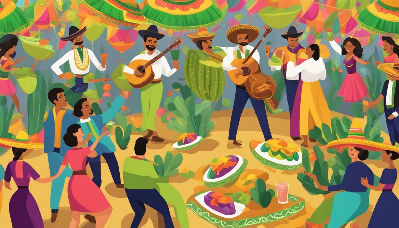 A festive Mexican fiesta with colorful decorations, mariachi music, and people enjoying tequila and chartreuse cocktails