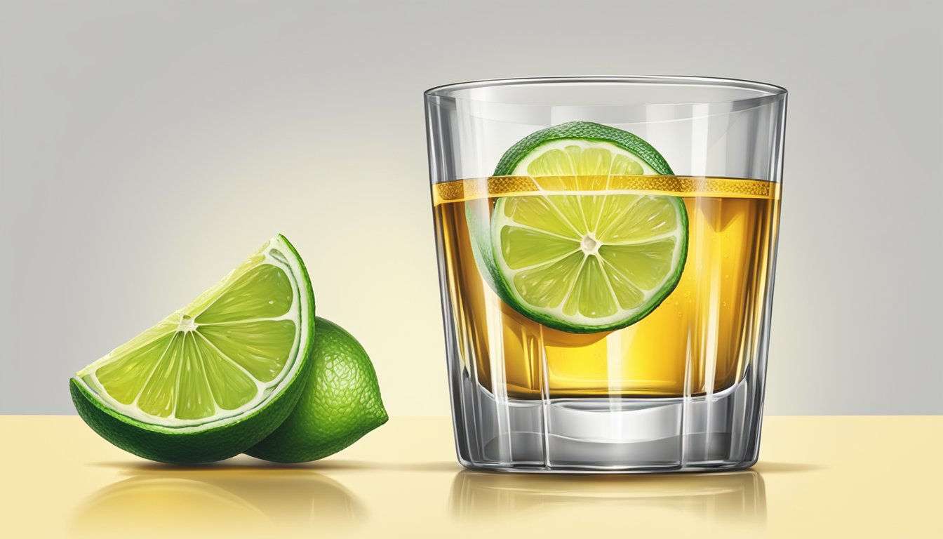 A tequila glass garnished with a slice of lime and a drizzle of honey