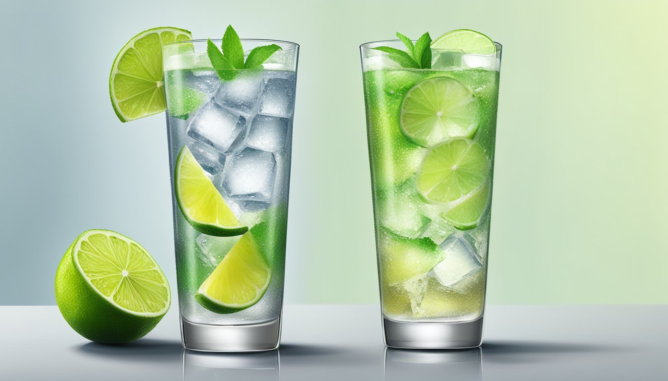 A tall glass filled with ice, tequila, lime juice, and soda water, garnished with a lime wedge