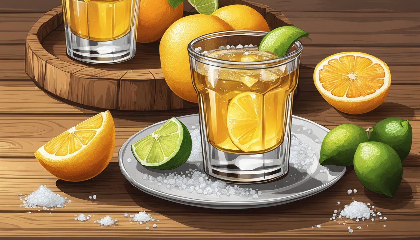 A shot of tequila with a drizzle of honey, surrounded by citrus slices and a sprinkle of salt on a wooden table