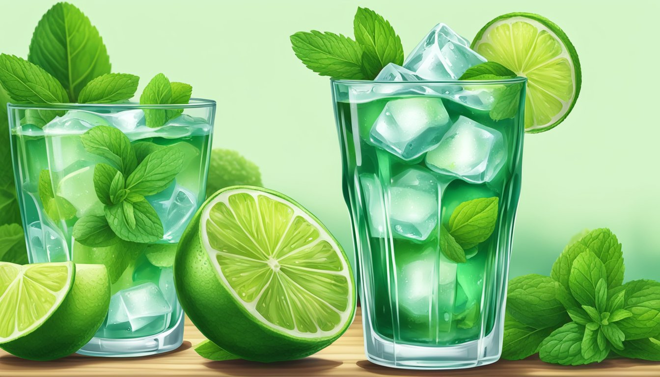 A glass filled with ice, tequila, mint leaves, lime wedges, and soda water, surrounded by fresh mint and lime slices