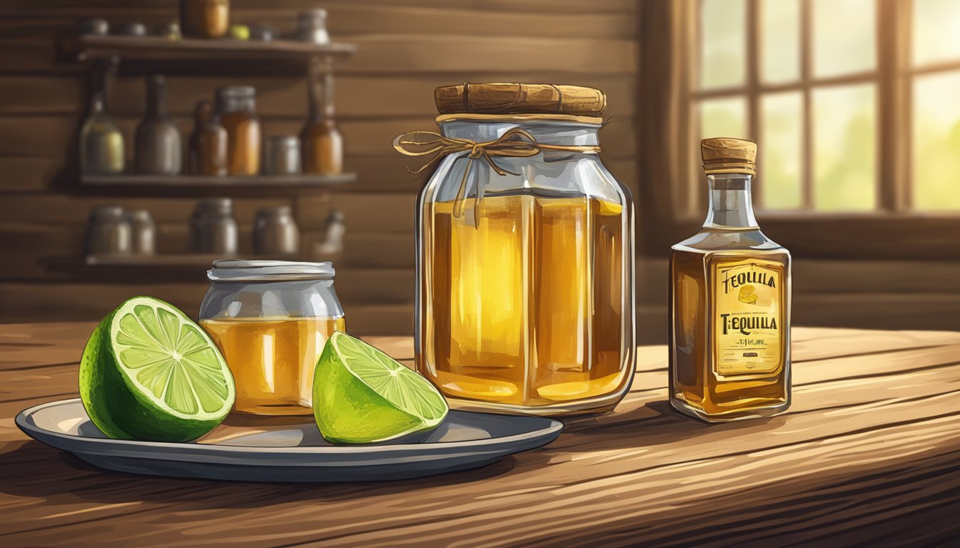 A bottle of tequila next to a jar of honey on a rustic wooden table. A lime and a small dish of salt complete the scene