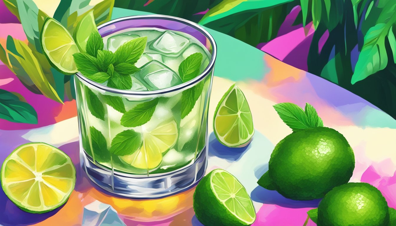 A tequila mojito is being served on a silver tray with fresh mint leaves and lime wedges, surrounded by a vibrant and colorful tropical setting