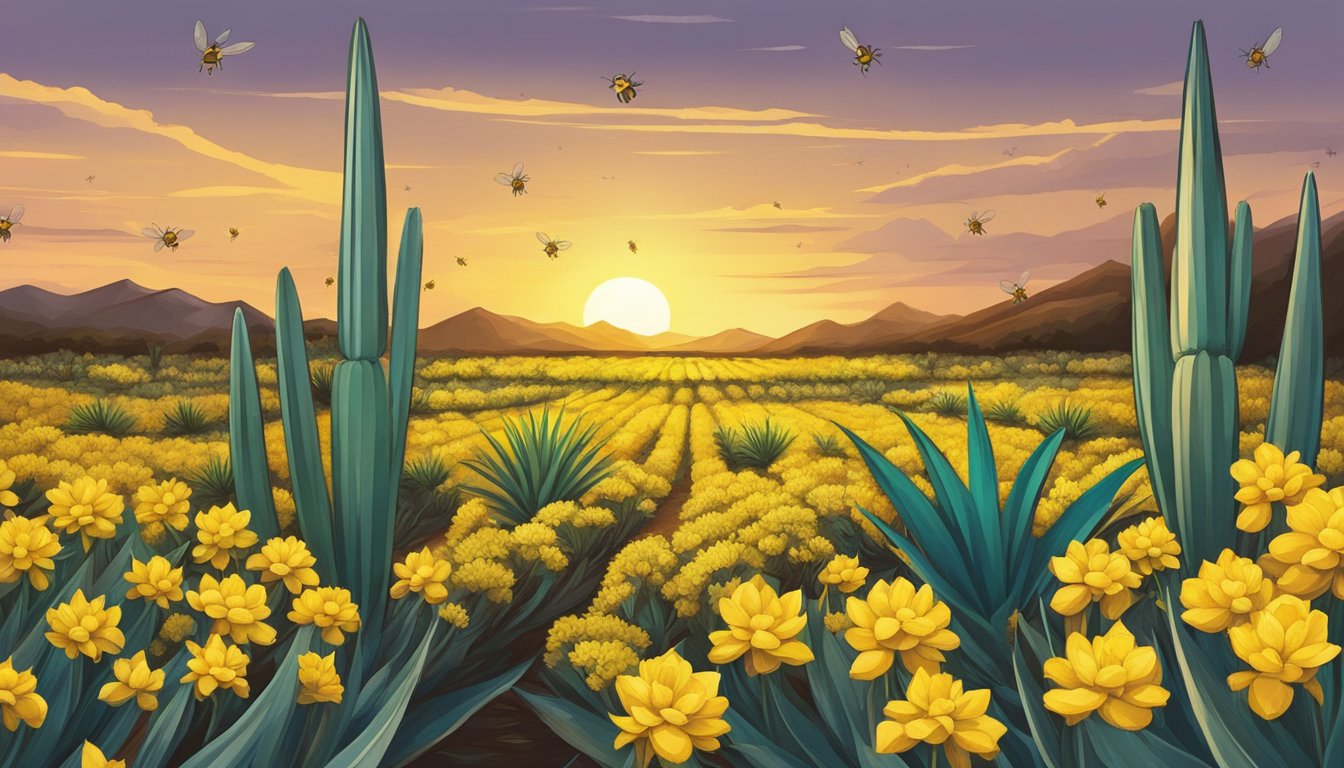 A rustic agave field at sunset, with bees buzzing around the vibrant yellow flowers, capturing the essence of the tequila bees knees