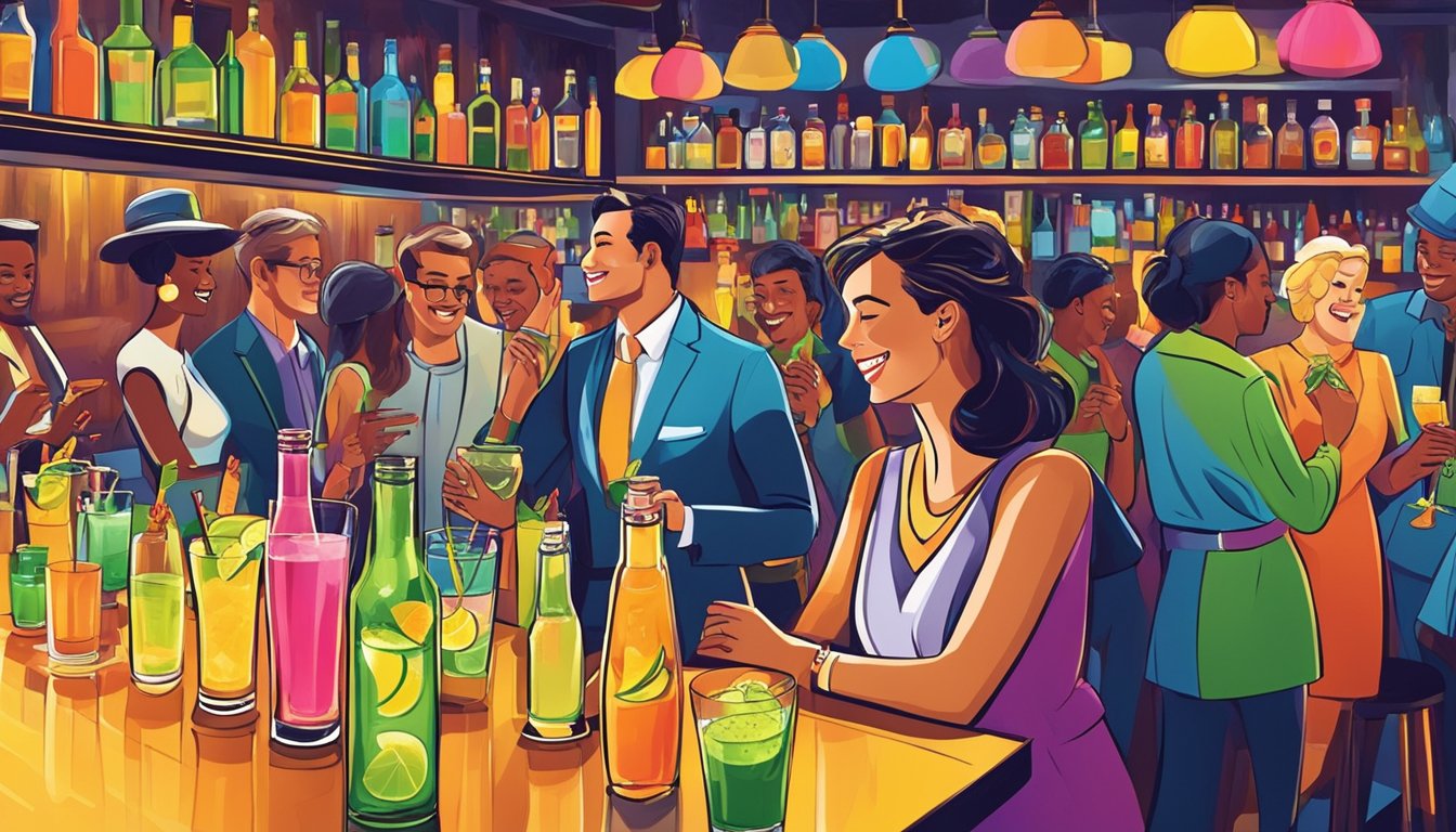 A lively bar scene with colorful cocktails and people socializing, as a tequila rickey is being served and enjoyed, with a festive and celebratory atmosphere