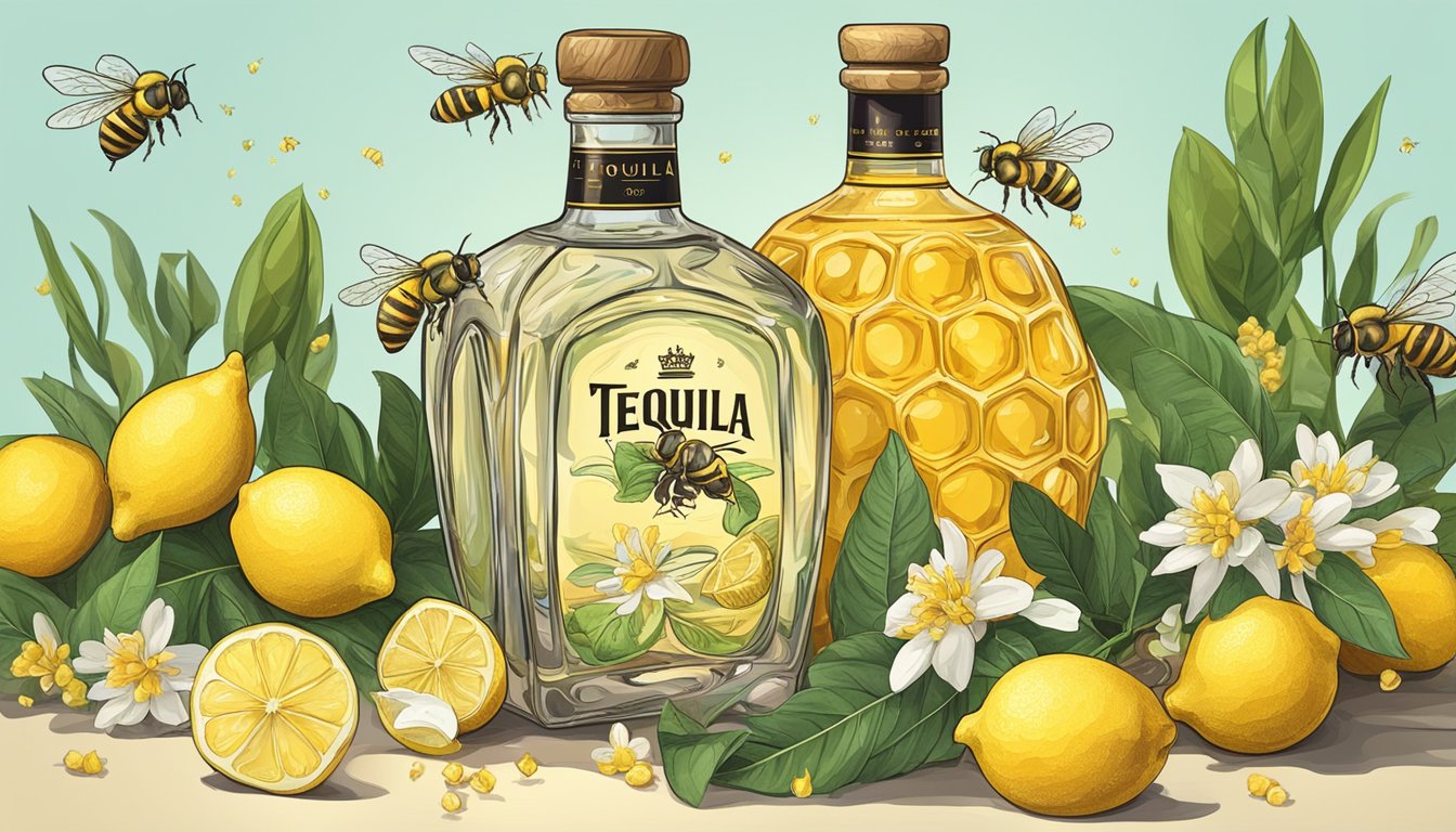 A bottle of tequila surrounded by buzzing bees and a pile of fresh lemons and honeycomb