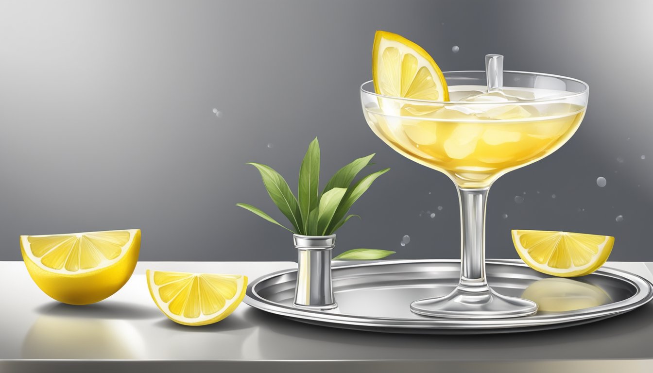 A crystal glass filled with tequila bees knees cocktail, garnished with a lemon twist, served on a silver tray