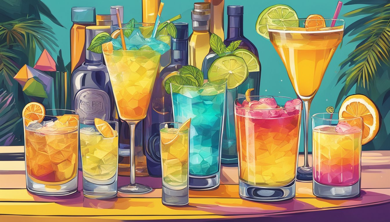 A vibrant bar scene with a tequila bees knees cocktail surrounded by related cocktails, each showcasing unique colors and garnishes