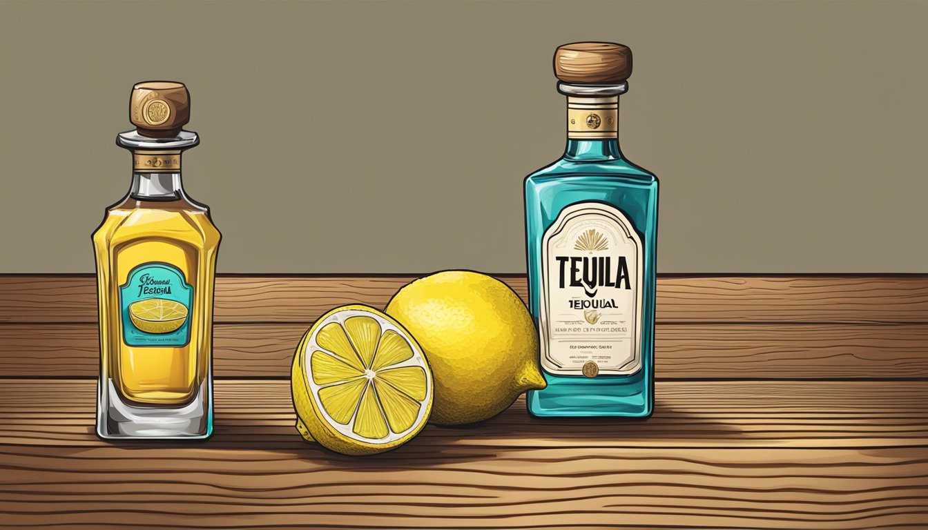 A bottle of tequila sits next to a sliced lemon on a wooden table