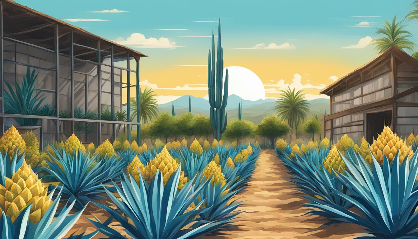 A field of blue agave plants under a bright sun, with a distillery in the background extracting nectar for tequila production