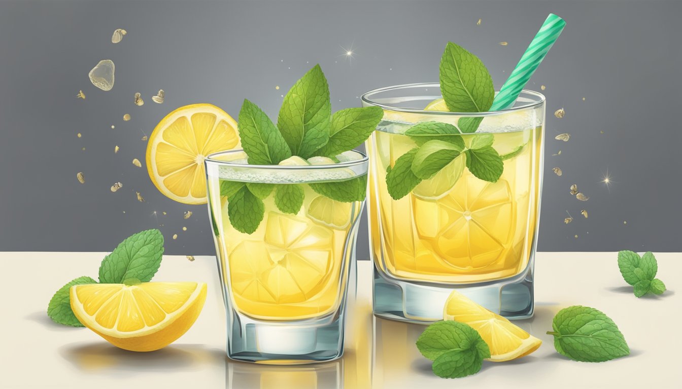 A glass of tequila bees knees surrounded by sliced lemons, fresh mint, and a hint of honeycomb