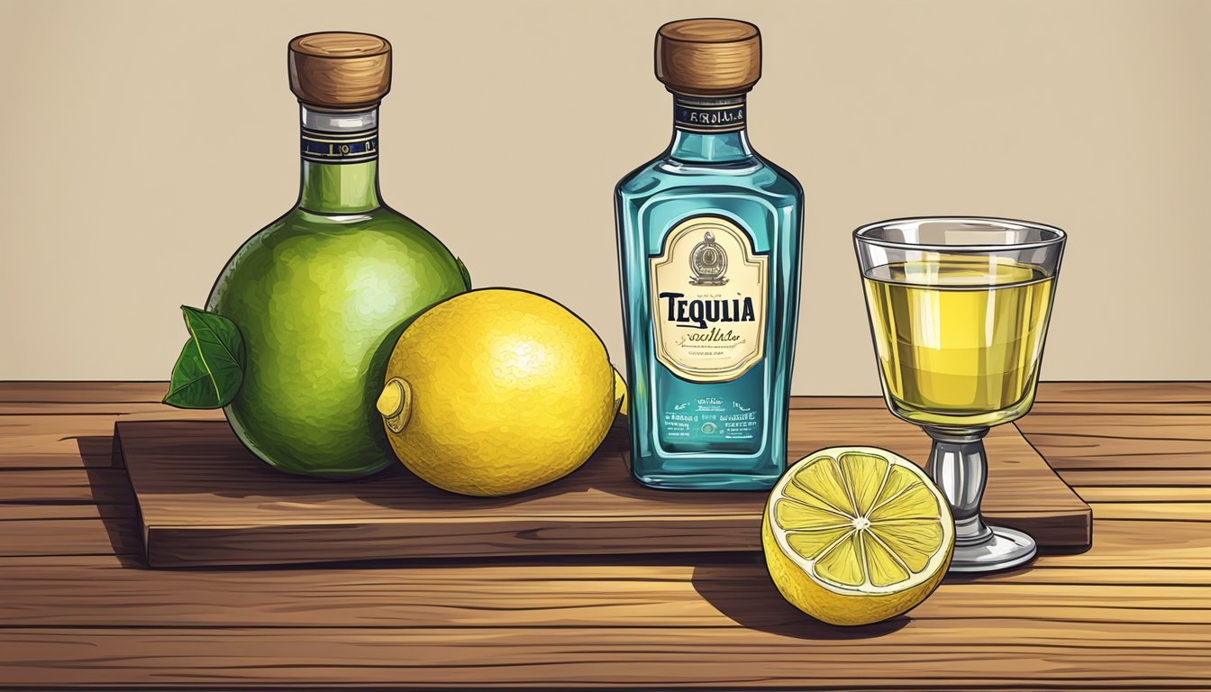 A tequila bottle and a sliced lemon on a wooden table