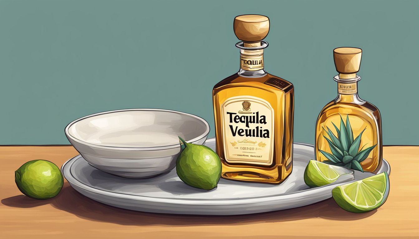 A bottle of tequila next to a small dish of agave nectar