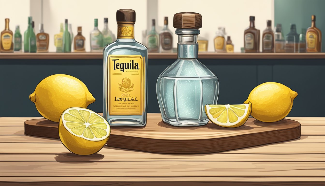 A wooden bar top with a shaker, bottle of tequila, honey, and fresh lemons. A glass with ice and a slice of lemon sits nearby