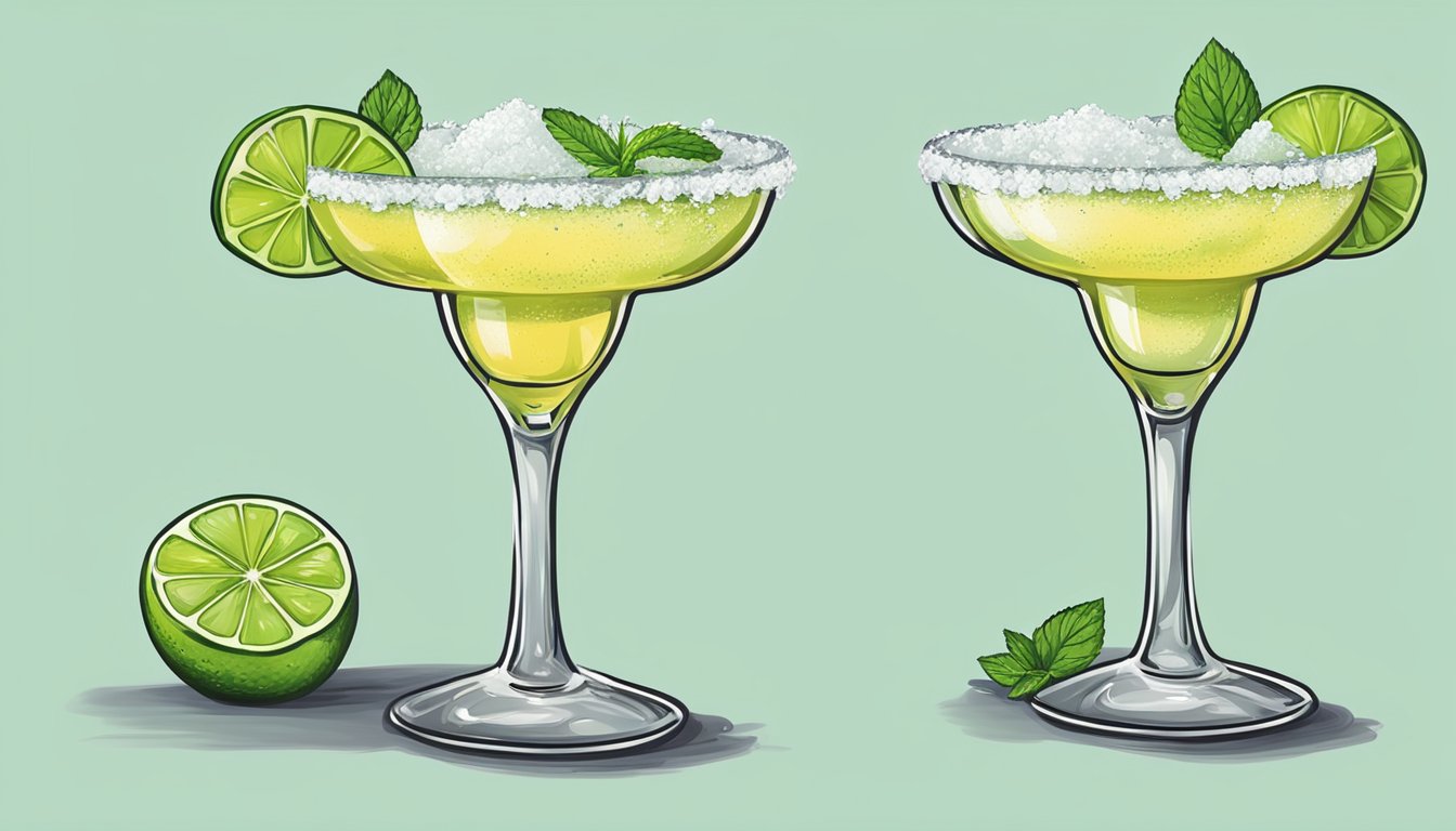 A margarita glass rimmed with salt, filled with tequila and agave nectar, garnished with a slice of lime and a sprig of fresh mint