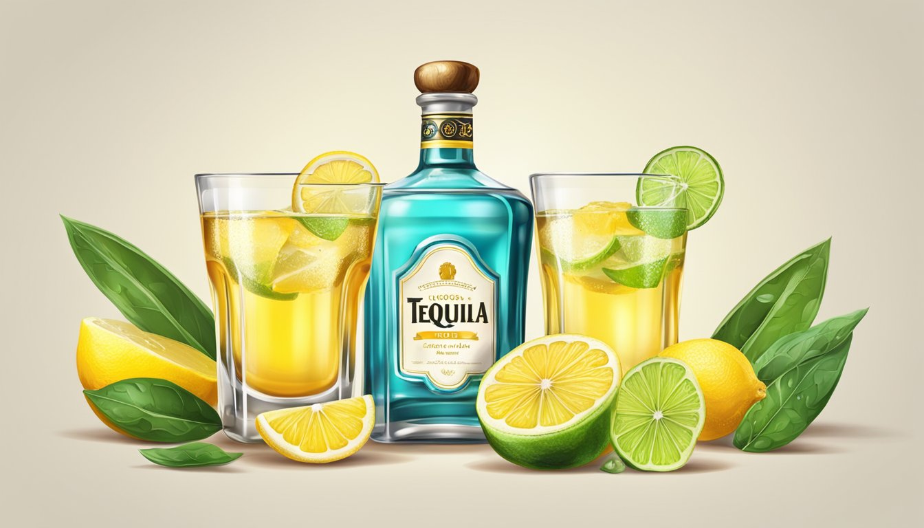 A glass of tequila with a slice of lemon on the rim, surrounded by a variety of mixers and complementary flavors