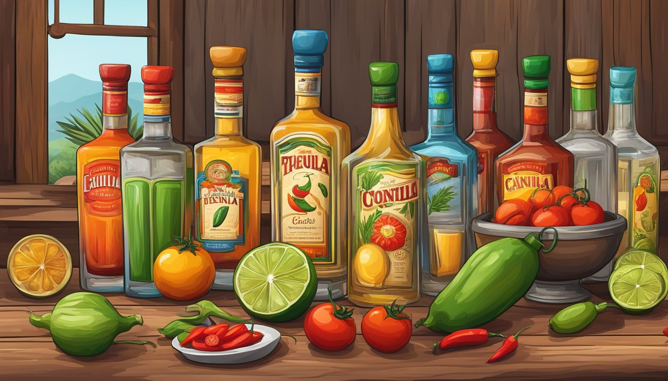 A rustic cantina bar with a colorful array of tequila bottles, tomatoes, chili peppers, and other ingredients for crafting the perfect Bloody Maria cocktail