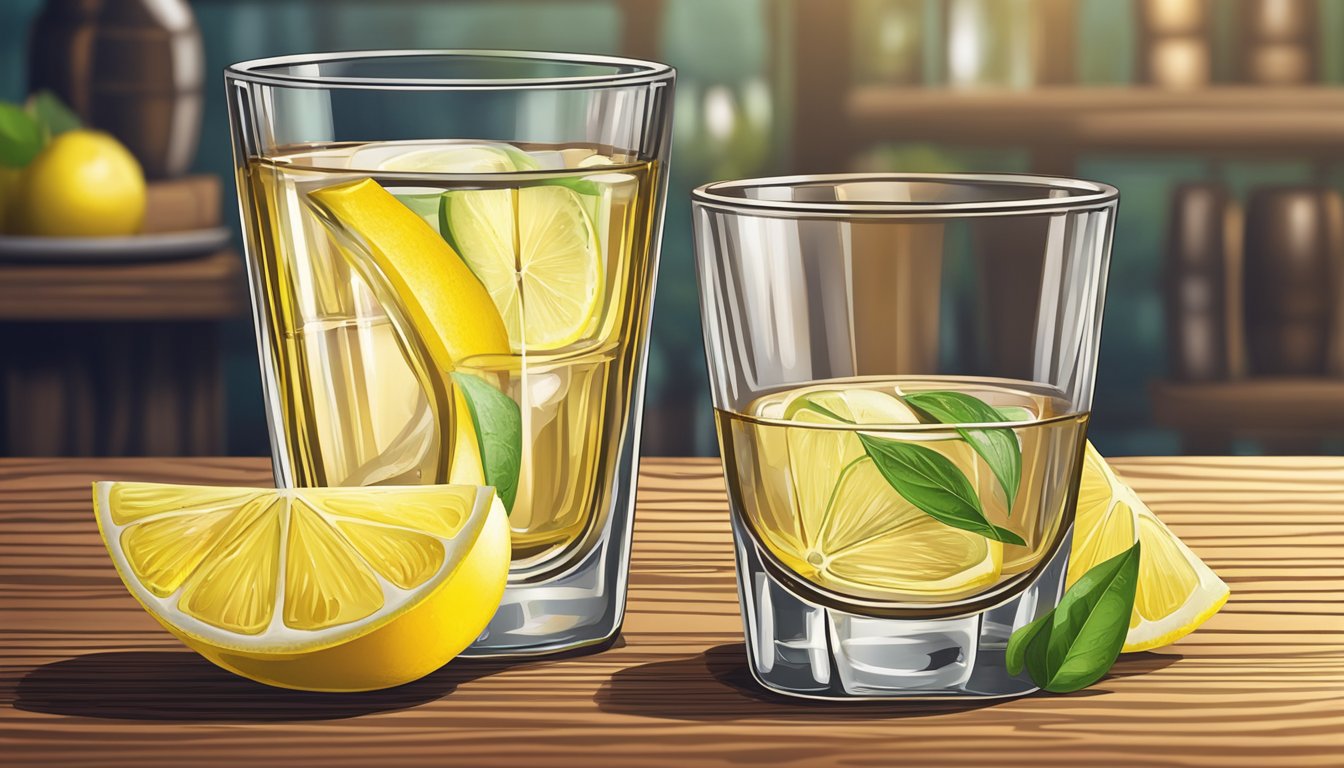 A shot glass of tequila next to a sliced lemon on a wooden table