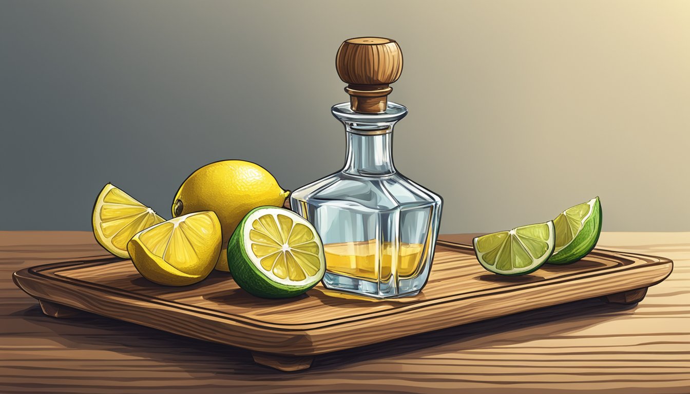 A bottle of tequila and a sliced lemon on a wooden serving tray