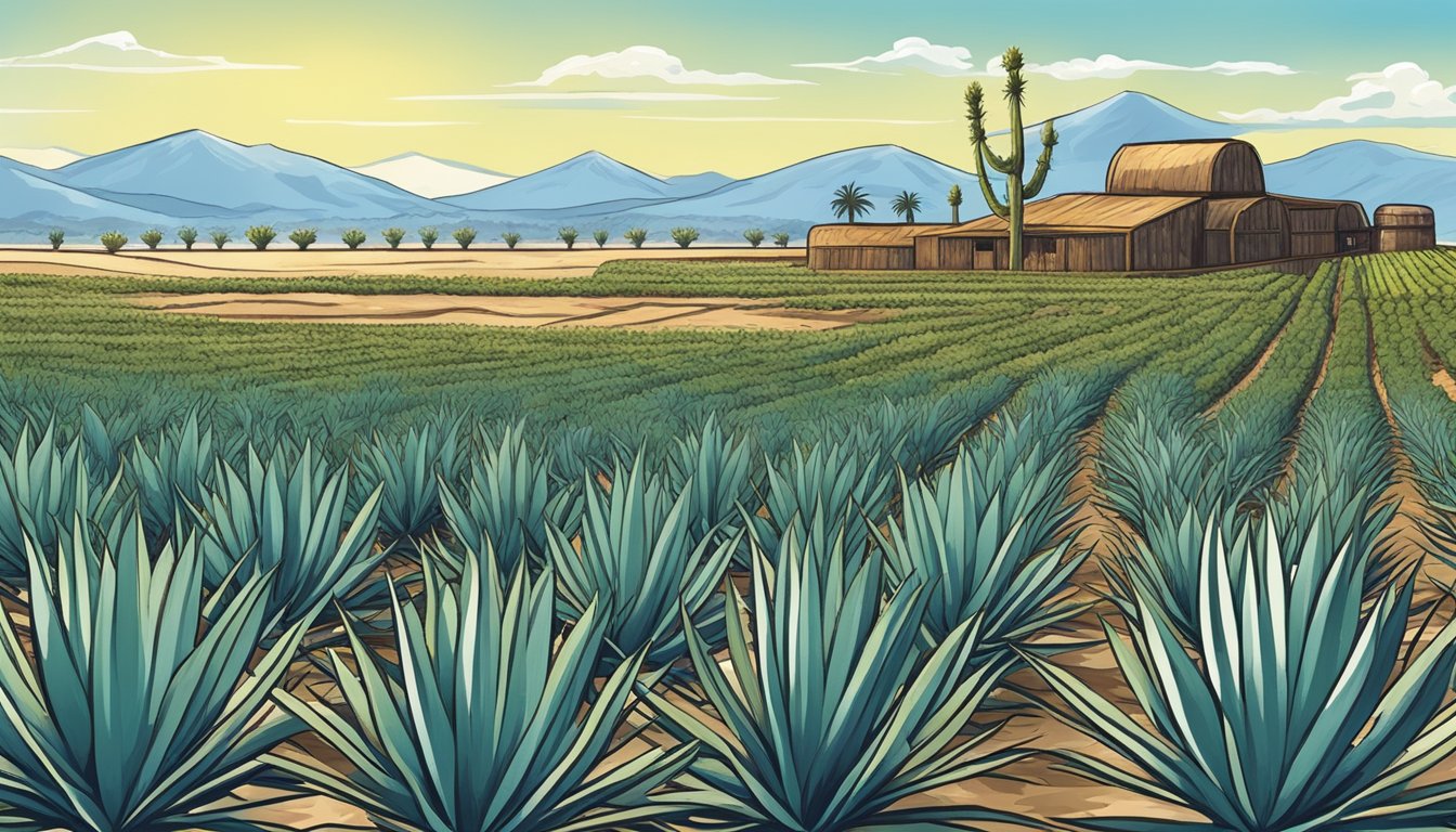 A rustic agave field under a clear blue sky, with a traditional distillery in the background, sets the scene for the origin of the tequila gimlet