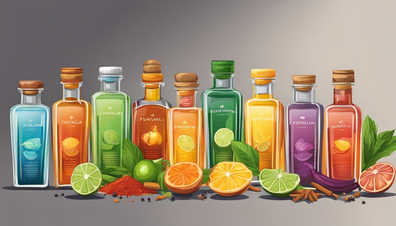 A variety of colorful spices and seasoning bottles arranged around a tequila bloody maria cocktail