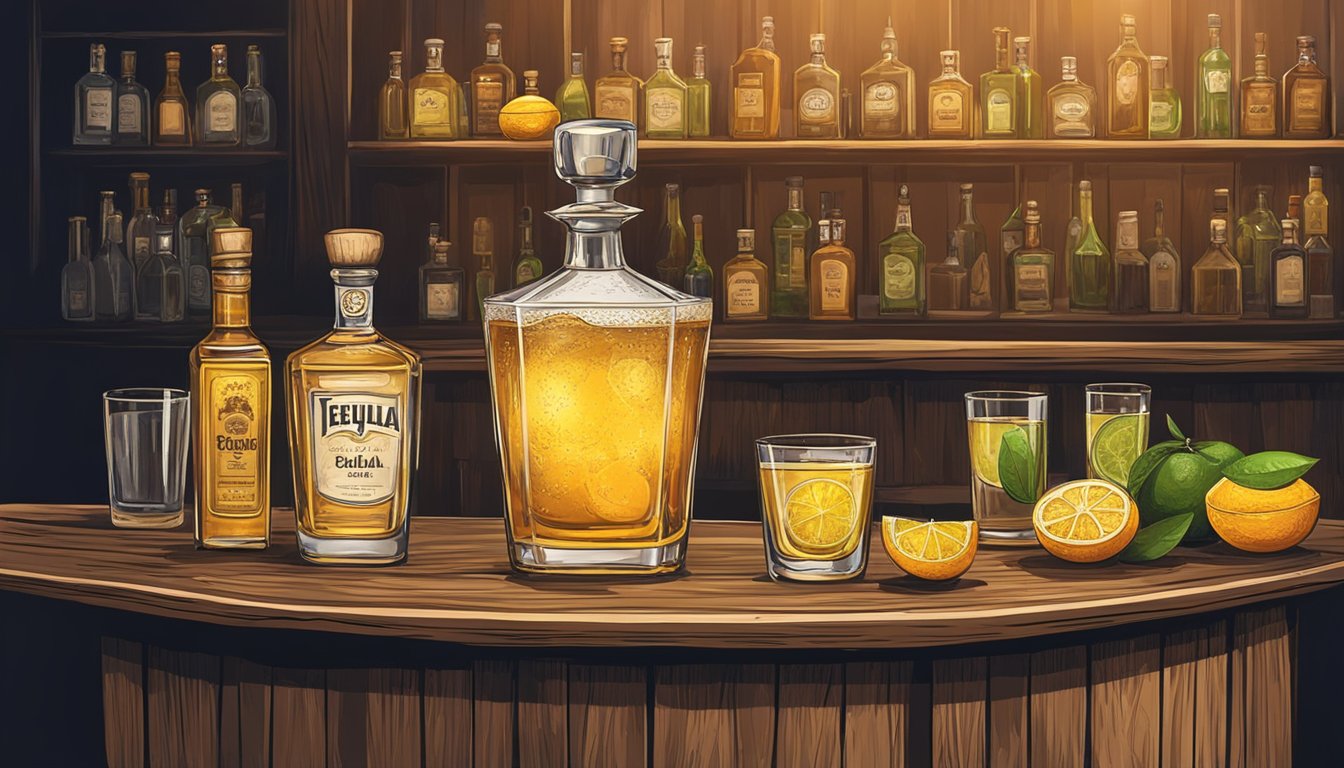 A vintage bar with a rustic wooden counter, adorned with bottles of tequila and citrus fruits. A classic cocktail glass sits on the bar, filled with a golden tequila sidecar