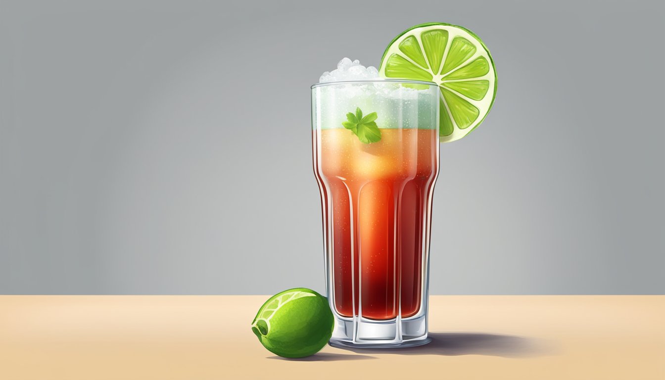 A tall glass with a salted rim and red liquid, garnished with a lime wedge and a celery stalk