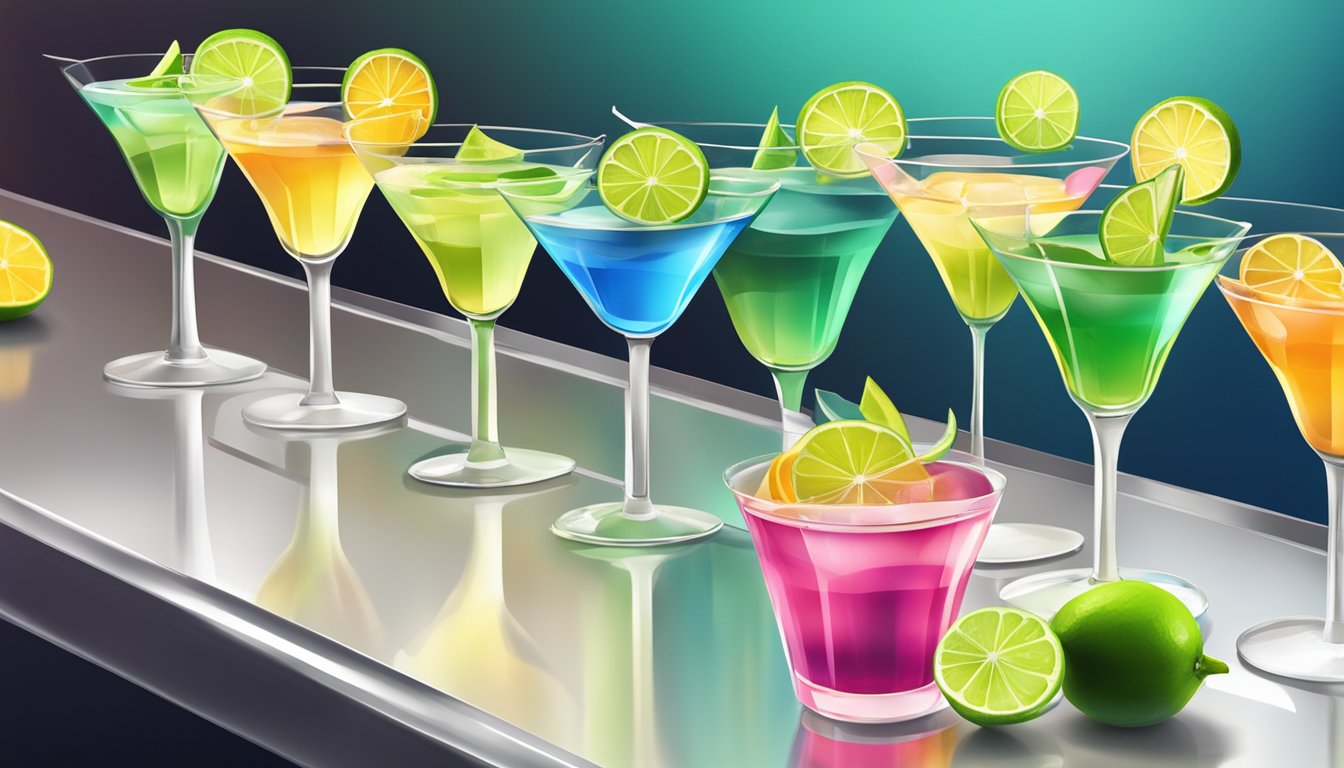 A colorful array of cocktail glasses with tequila gimlets and similar drinks, garnished with lime wedges and displayed on a sleek bar counter