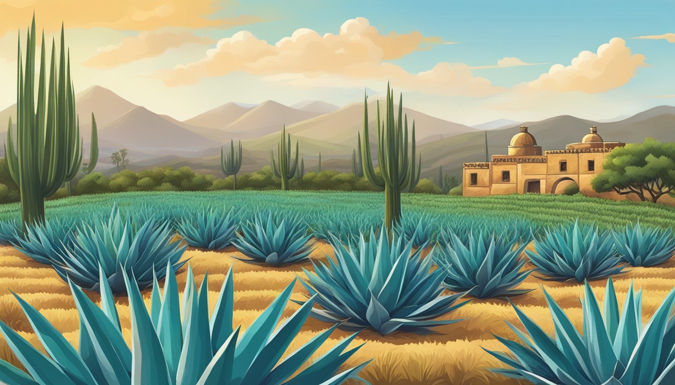 A traditional Mexican agave field with a distillery in the background, surrounded by vibrant greenery and the iconic blue agave plants