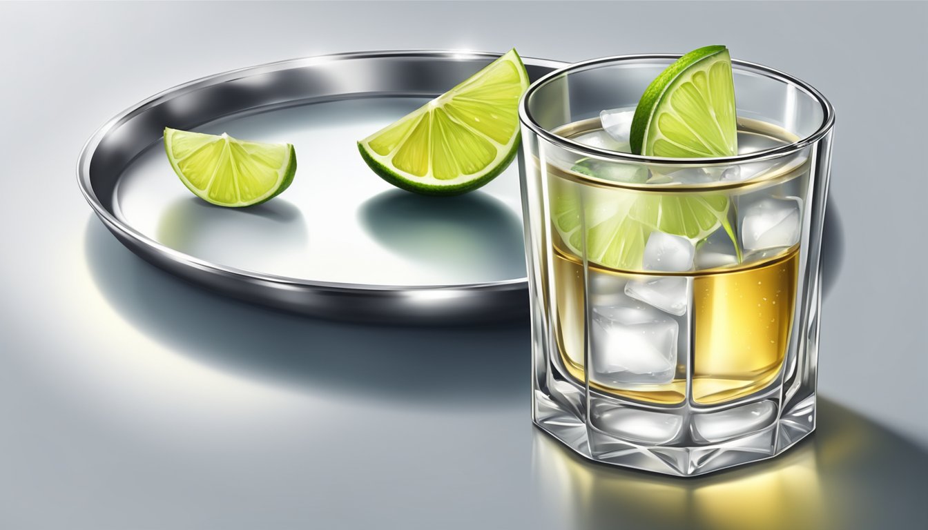 A crystal-clear glass with a salted rim, filled with golden tequila and a slice of lime, presented on a sleek silver tray