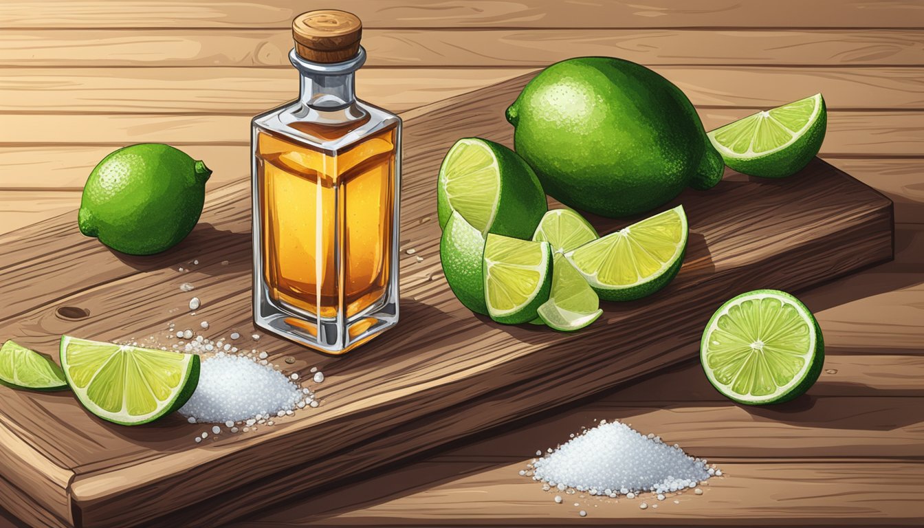 A bottle of tequila and a glass of sangrita sit on a rustic wooden bar, surrounded by sliced limes and salt