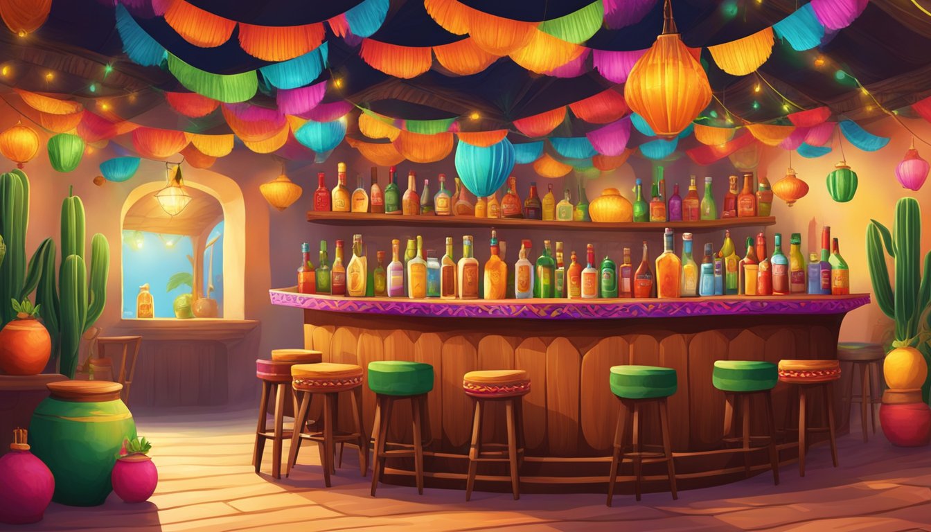 A traditional Mexican cantina bar with bottles of tequila and sangrita, surrounded by colorful decorations and vibrant music