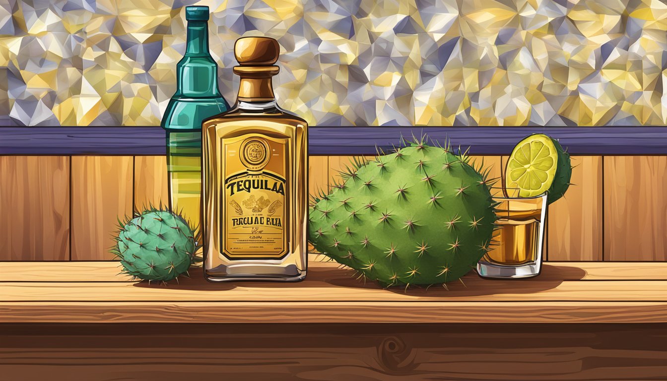 A bottle of tequila and a prickly pear on a wooden bar counter