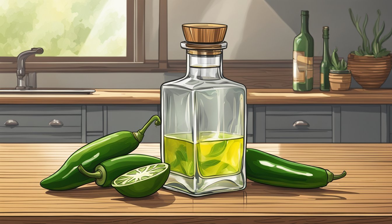 A clear glass bottle of tequila infusing with sliced jalapeños on a wooden countertop