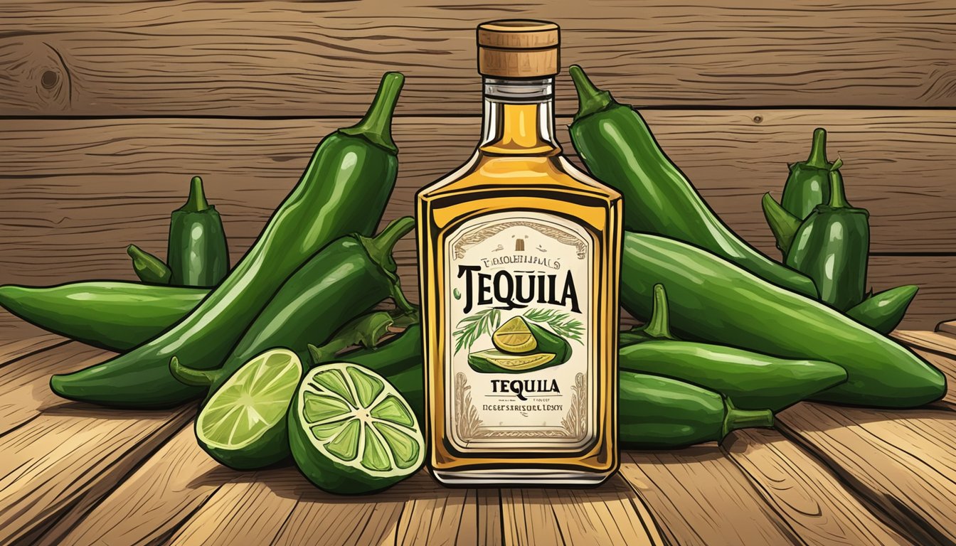 A bottle of tequila surrounded by fresh jalapeños on a rustic wooden table