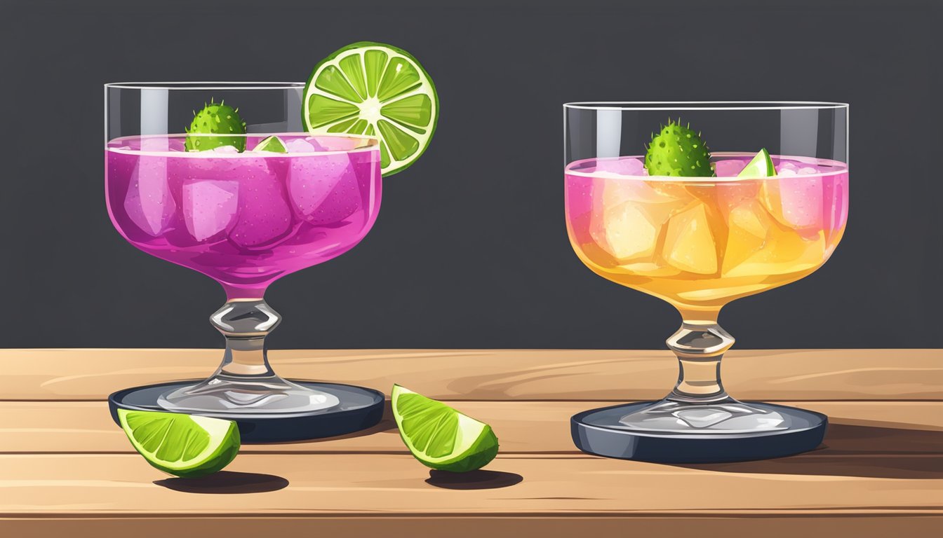 Two tequila and prickly pear cocktails are garnished with lime slices and served in elegant glassware on a wooden bar counter