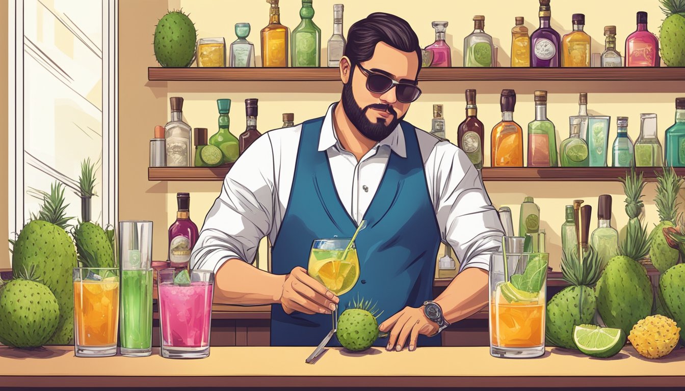 A bartender expertly prepares tequila and prickly pear cocktails using various bar tools and techniques