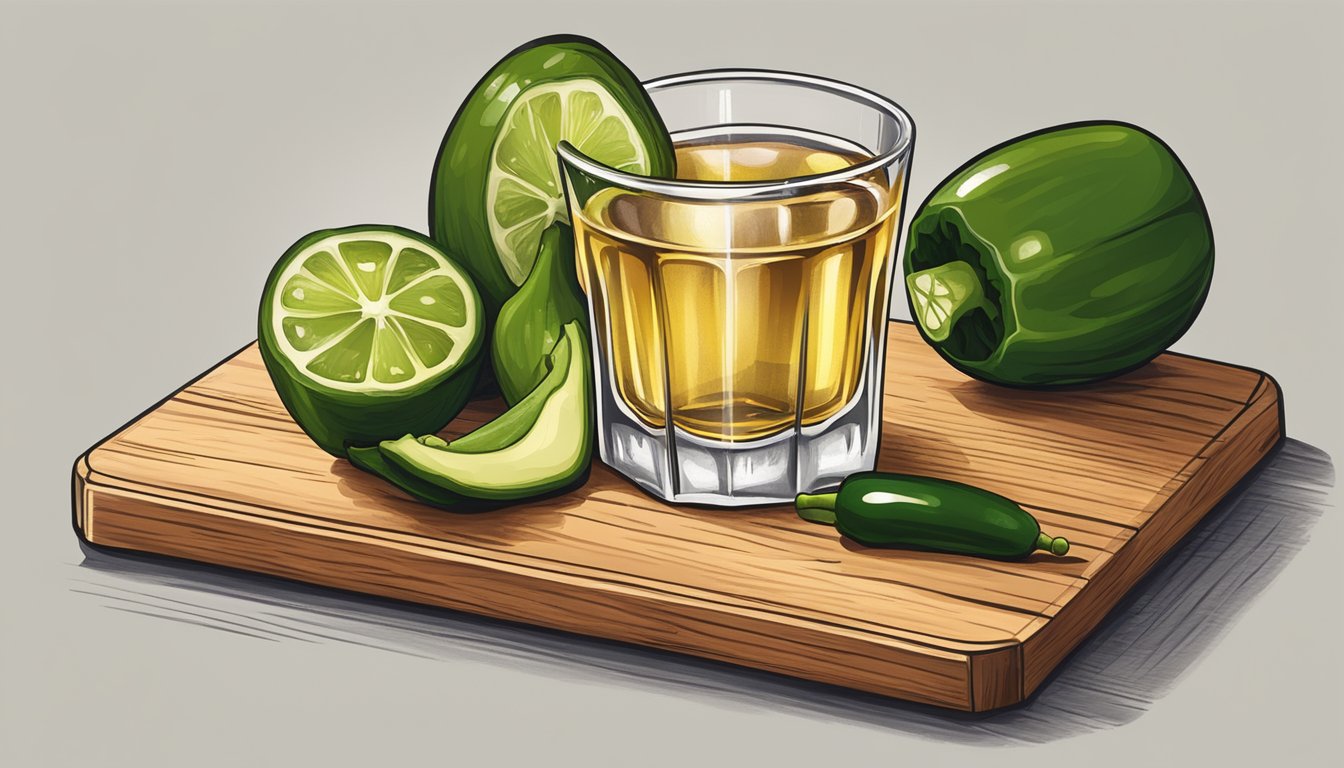 A shot of tequila with a slice of jalapeño on a wooden tray