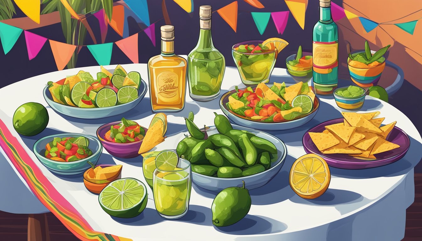 A festive table set with fresh lime, sliced jalapeños, and a bottle of tequila, surrounded by colorful cocktail glasses and small plates of Mexican appetizers