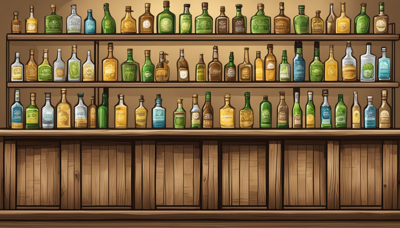 A rustic bar setting with a variety of tequila bottles displayed on shelves, along with fresh limes and ginger beer