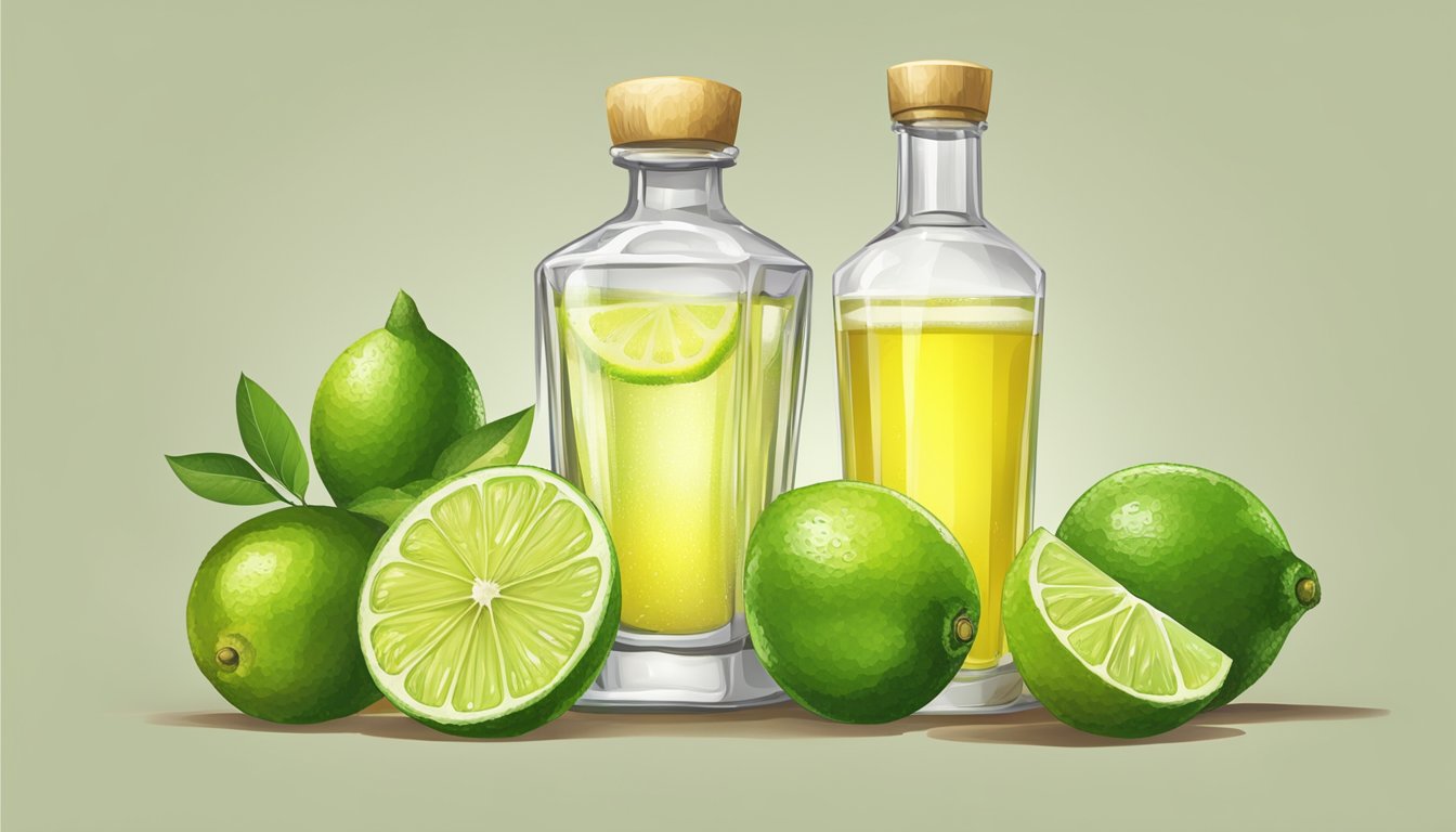 A bottle of tequila surrounded by limes and a shaker, with a glass filled with a yellow liquid and a frothy top