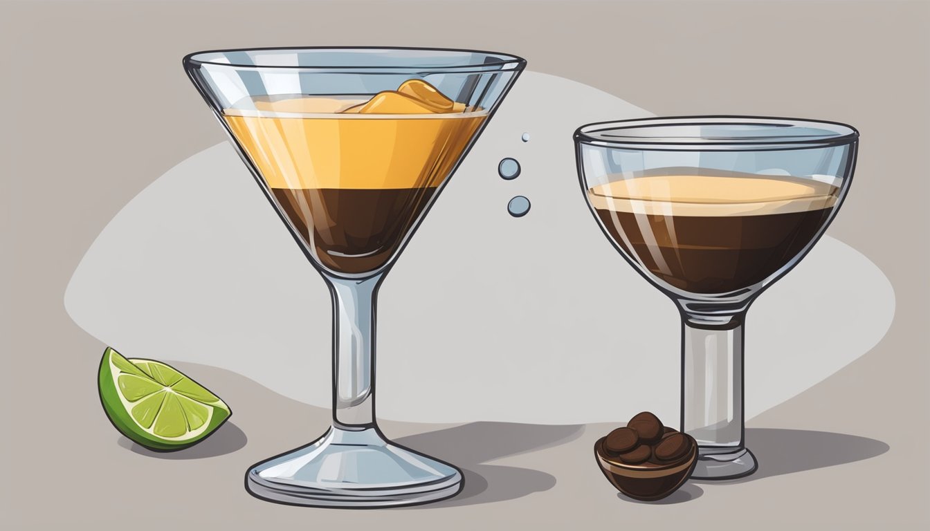 A bartender pours tequila, coffee liqueur, and espresso into a shaker. They vigorously shake the mixture, then strain it into a martini glass