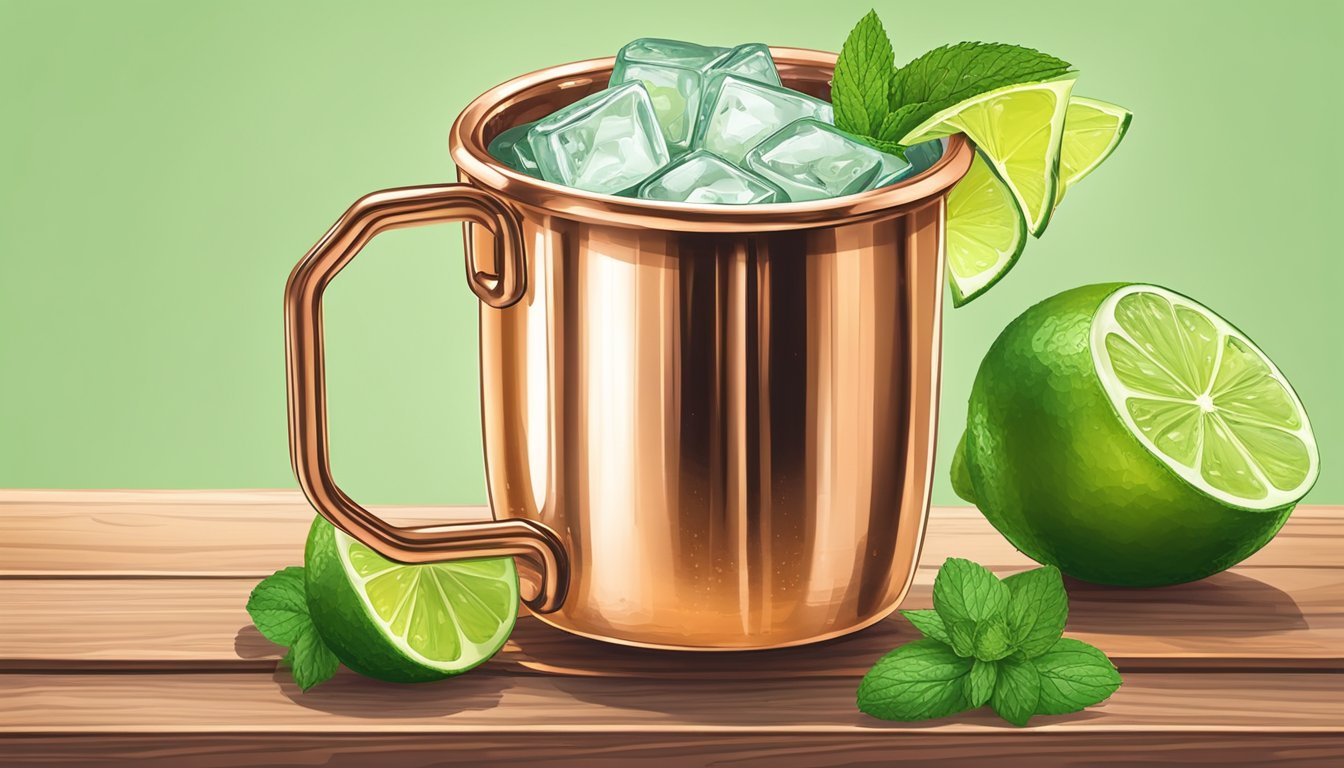 A copper mug filled with tequila mule cocktail, garnished with lime and mint, set on a wooden bar top