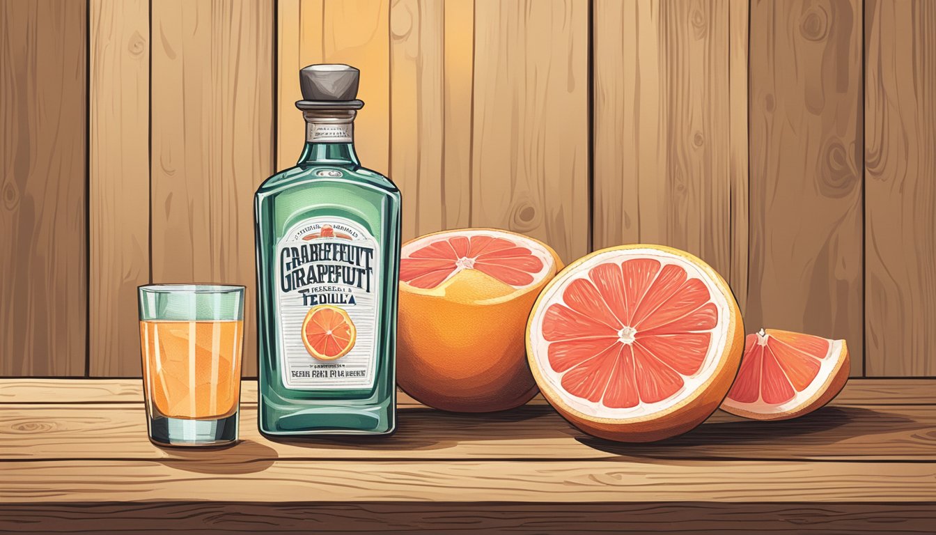 A bottle of grapefruit tequila sits next to a sliced grapefruit on a rustic wooden table